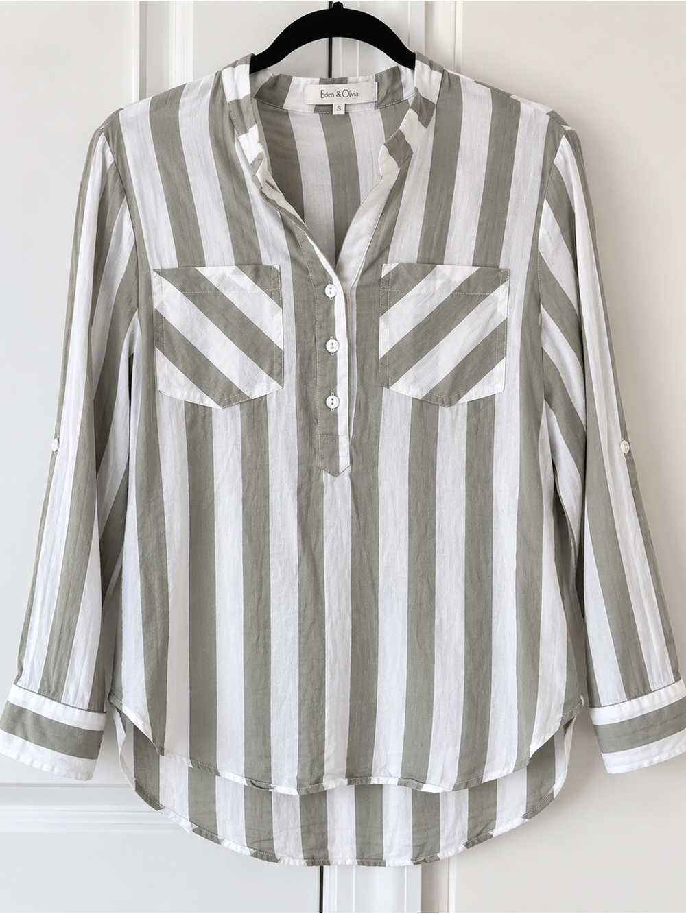 Eden & Olivia Olive and White Vertical Stripe Button-Front Shirt